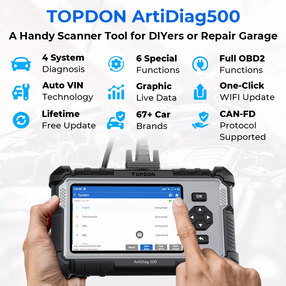 Topdon Car Diagnostic Tool All Systems OBD2 Diagnostic Scanner Engine ABS SRS Airbag Auto Scan Tool Code Reader ArtiDiag500