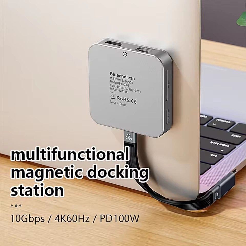 Magnetic USB C Hub with M.2 NVMe/SATA SSD Enclosure HDMI 4K 60Hz PD 100W USB 3.1 Docking station For Macbook iPhone 16/15 Pro