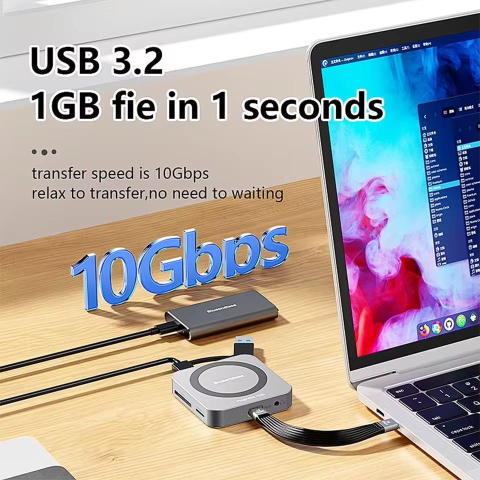 Magnetic USB C Hub with M.2 NVMe/SATA SSD Enclosure HDMI 4K 60Hz PD 100W USB 3.1 Docking station For Macbook iPhone 16/15 Pro