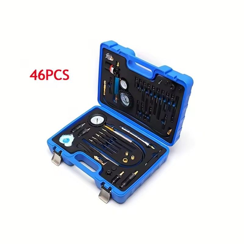46pcs Compression Tester Pressure Loss Tester Kit for Diesel Petrol Engines Dual Gauge Leak Detector
