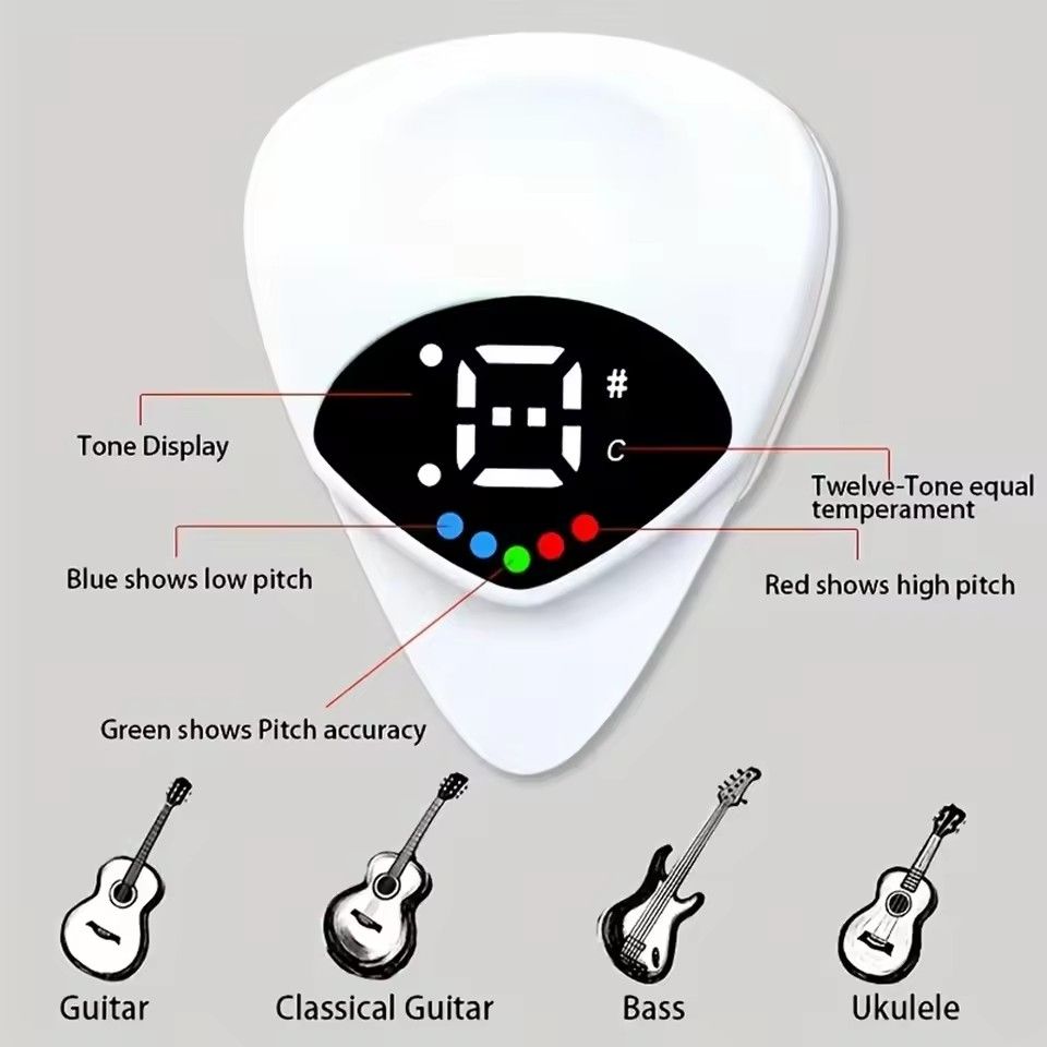 2-in-1 Guitar Pick & Tuner - Portable, Multi-Purpose Pitch Calibrator for Folk Guitars and Ukuleles, 12-Tone Equal Temperament,
