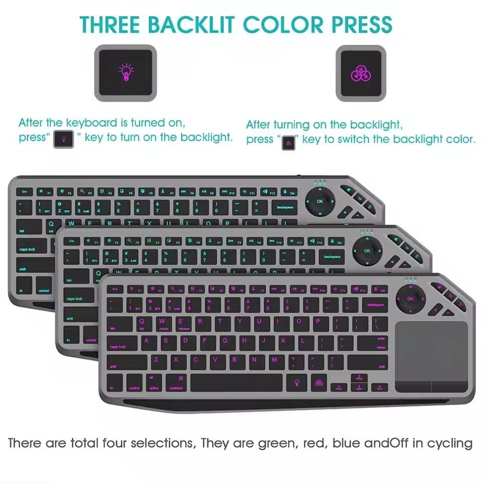 Bluetooth Wireless Keyboard with Touchpad 7-Colors Backlit 2.4g Rechargeable Trackpad Keyboard for Smart TV, IOS IPhone/IPad