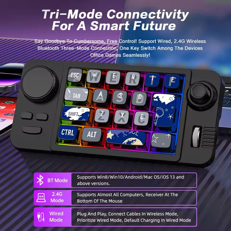 Rechargeable Bluetooth/2.4G/Wired Game Mechanical Keypad for Win/Mac with Game Joystick,Full Hot Swappable,Porgrammable,Backlit