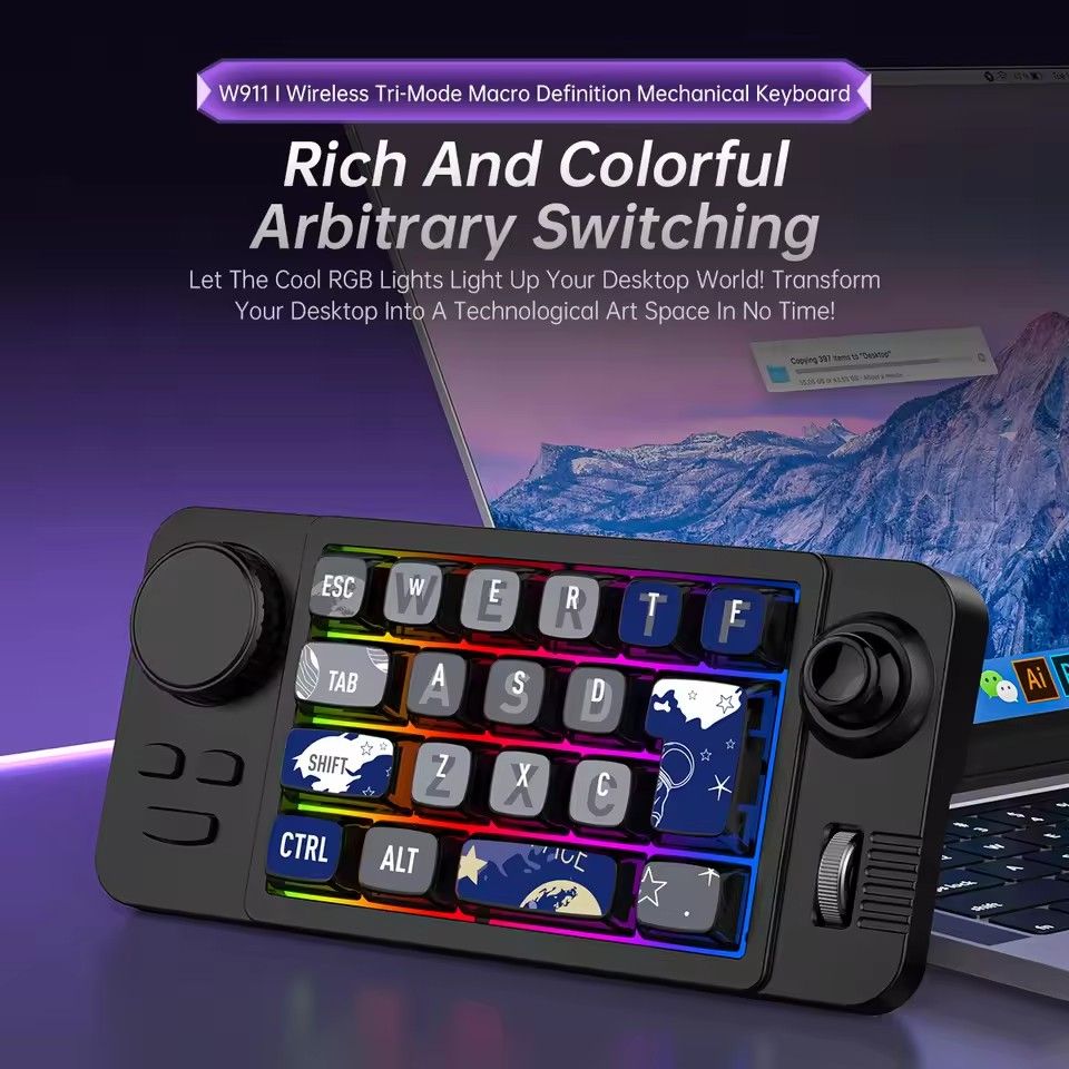 Rechargeable Bluetooth/2.4G/Wired Game Mechanical Keypad for Win/Mac with Game Joystick,Full Hot Swappable,Porgrammable,Backlit