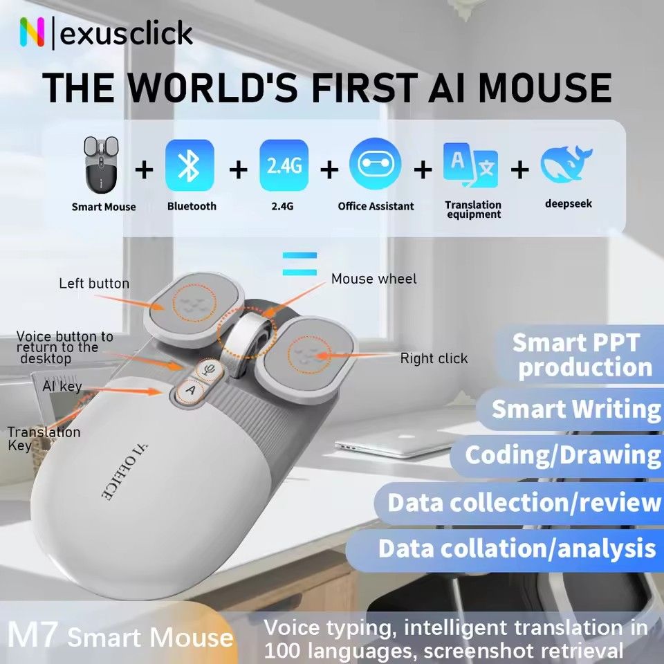 USB Rechargeable AI Wireless Mouse | Silent 2.4G/Bluetooth Mouse with Chat-GPT & Deepseek | AI Voice Control for Computer/Office