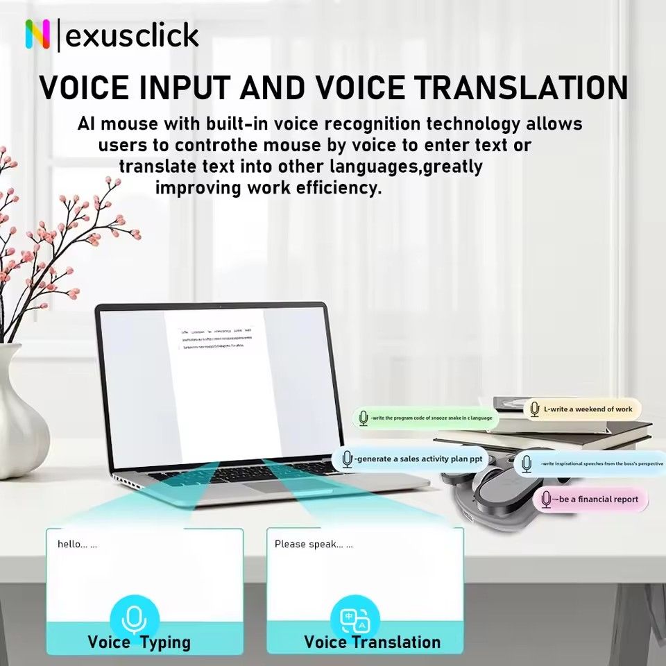 USB Rechargeable AI Wireless Mouse | Silent 2.4G/Bluetooth Mouse with Chat-GPT & Deepseek | AI Voice Control for Computer/Office