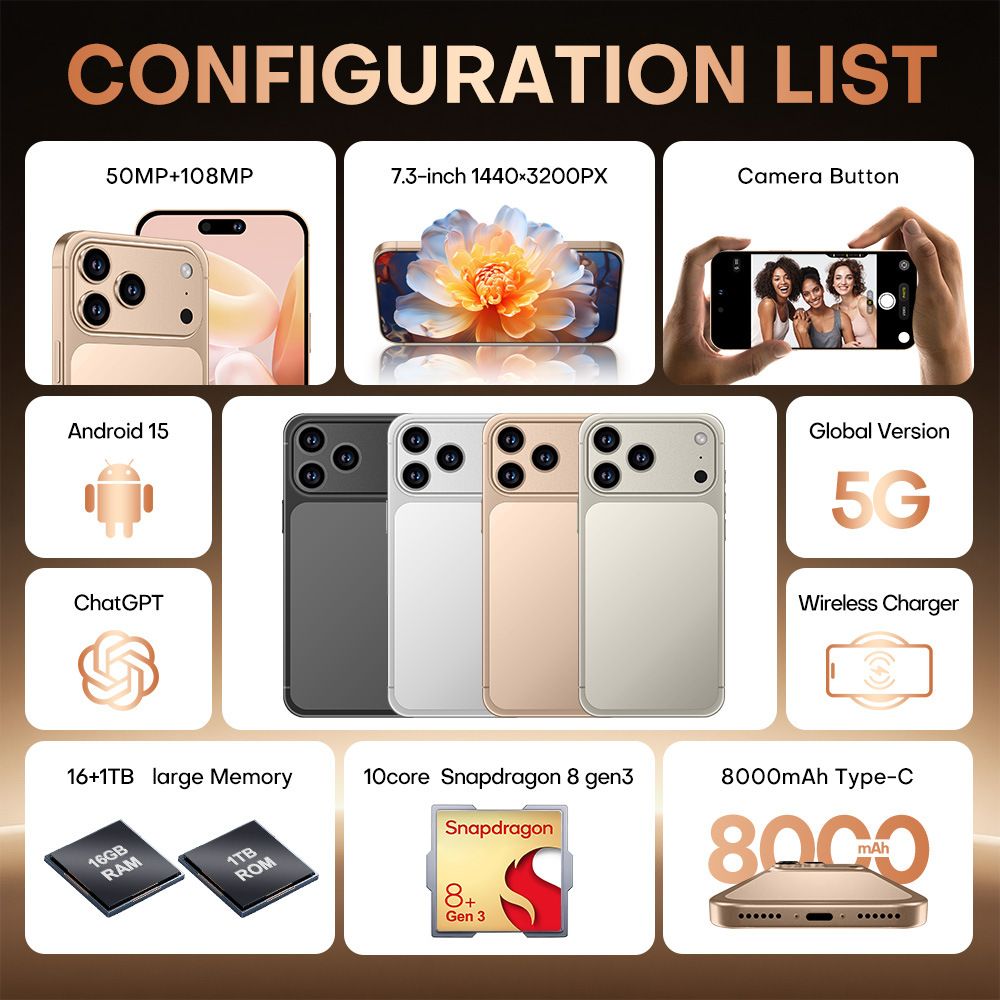 i17ProMax 4G Android Smartphone, Wireless Charging Supported, Full HD Full-Screen, Slim Phone for Photography & Gaming