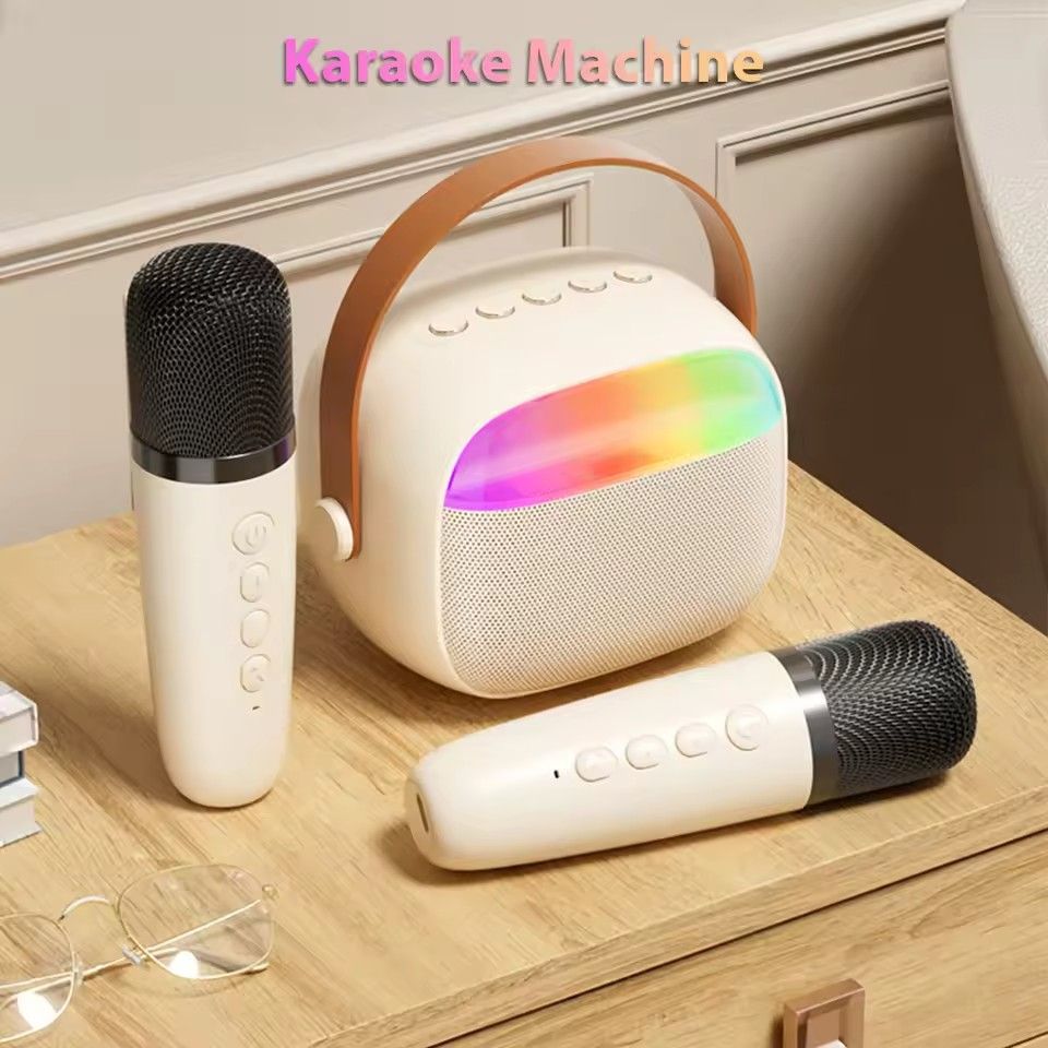 Karaoke Machine Mini Wireless Microphone and Speaker Set with 2 Microphones 4Ω 6W Speaker 8W Horn 1200mAh Speaker Battery
