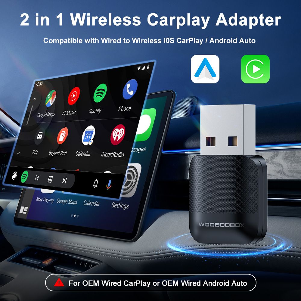 New Wired to Wireless CarPlay and Android Auto 2 in 1 AI Smart Adapter 5GHz WiFi5 for 99% Original Wired CarPlay/Auto Cars
