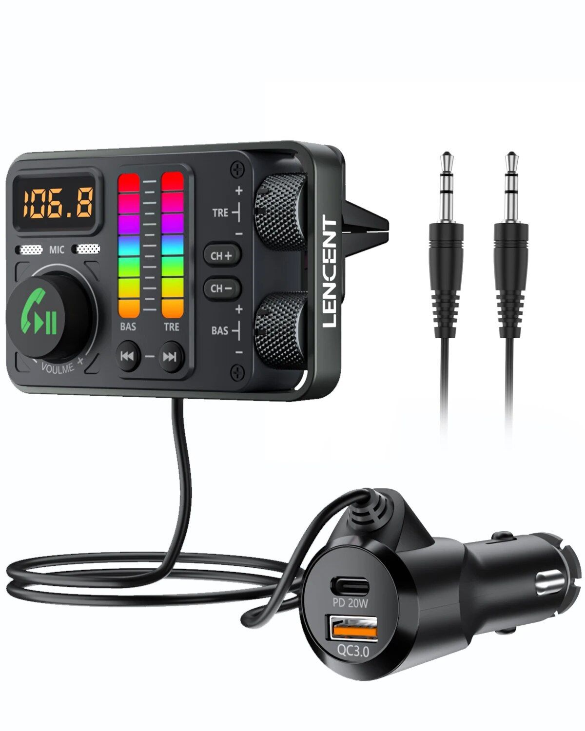 Bluetooth 5.3 Car FM Transmitter, Hi-Fi Treble & Bass Music Player, PD20W QC18W Fast Car Charger, Radio Bluetooth Car Ad