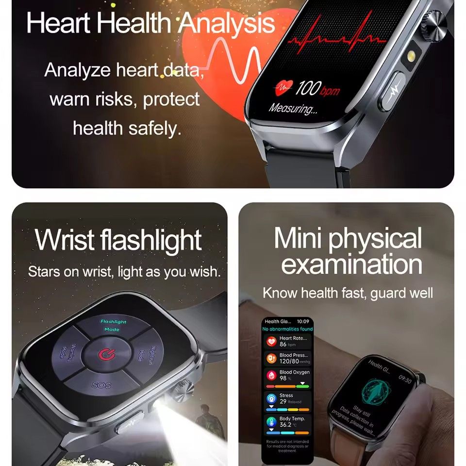 AI Health SmartWatch ECG+HRV Blood Lipid Uric Acid Micro-examination Flashlight 2.5D UI Voice Call Smart Watch Men Women