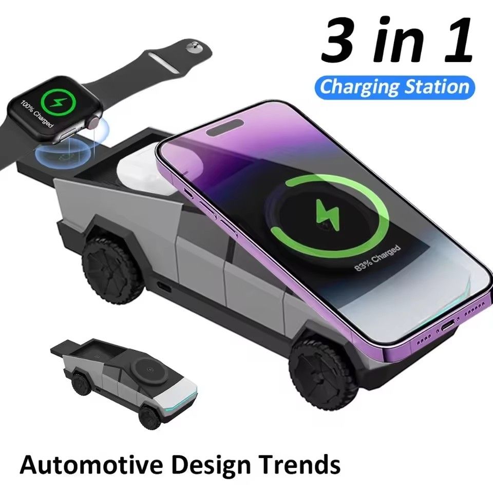 Desktop Cybertruck 3 in 1 Magnetic Fast Wireless Charger Phone Stand For IPhone 16 15 Pro Max, Apple & Samsung Watch Airpods Pro