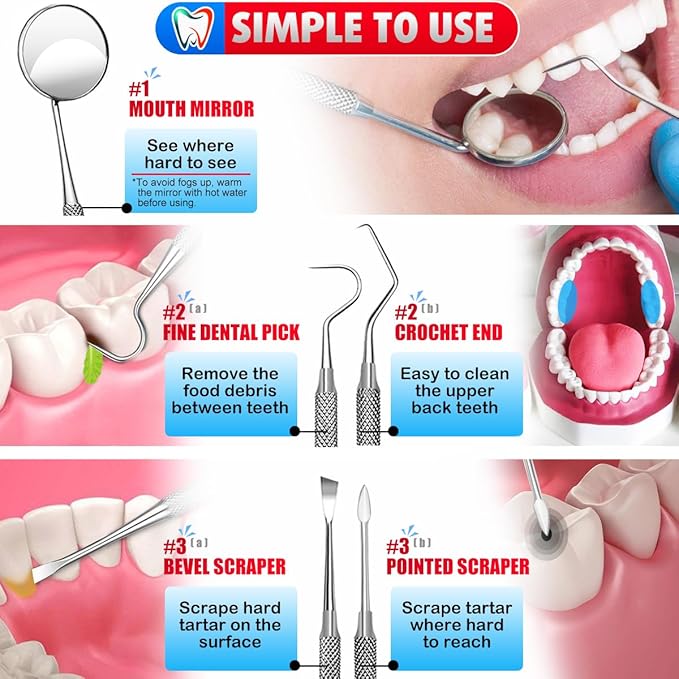 CATACC Dental Tools, Dental Pick, Dental Hygiene Kit, Oral Care Teeth Cleaning Tools Set, Stainless Steel Tooth Scraper Plaque Tartar Cleaner, Plaque Remover for Teeth - with Case