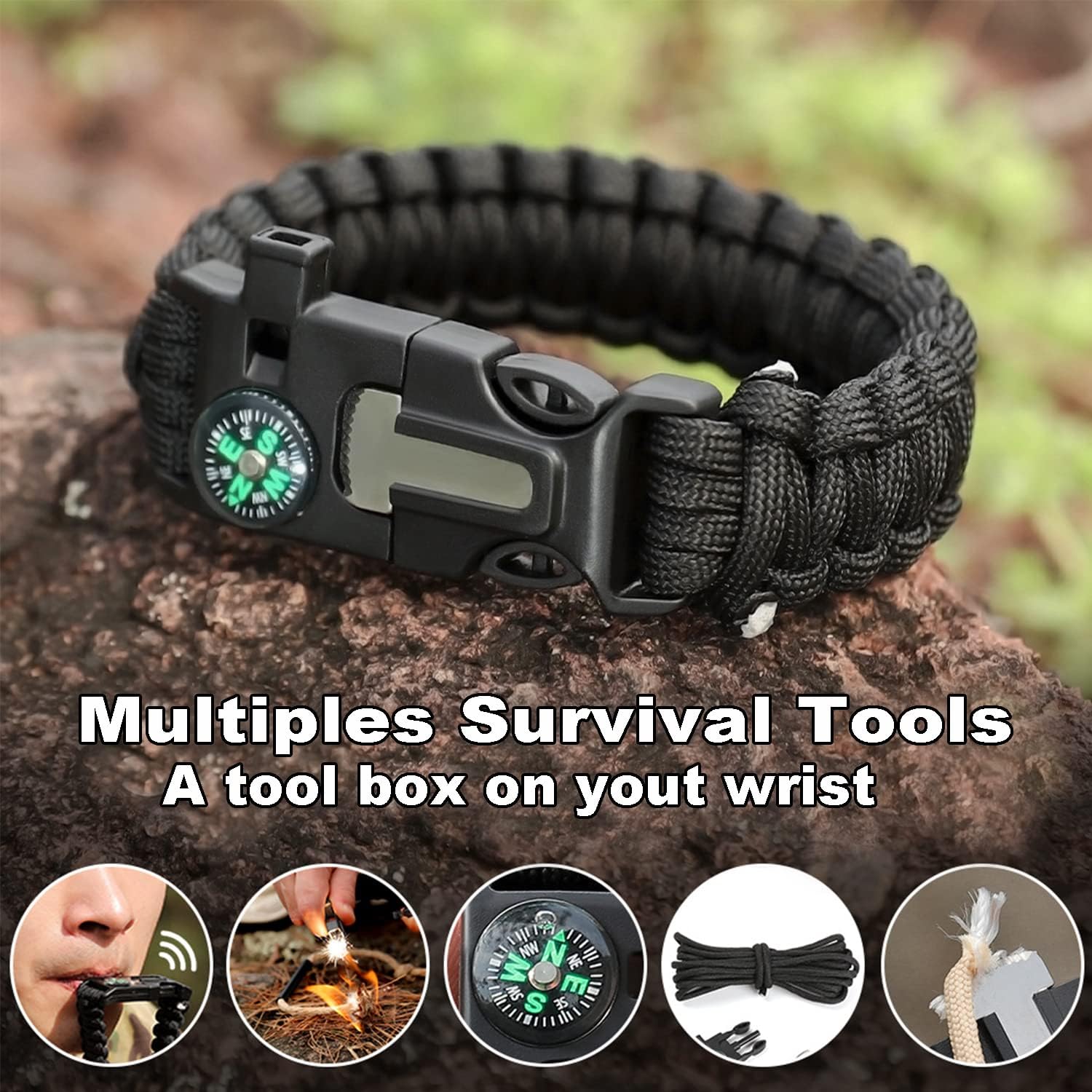 Bracelets,Survival Bracelets for Men Paracord Tactical 5-in-1 Camping Gear Kits,with 12-ft Detachable Parachute Rope,Fire Starter,Embedded Compass,Whistle&Emergency Multitools