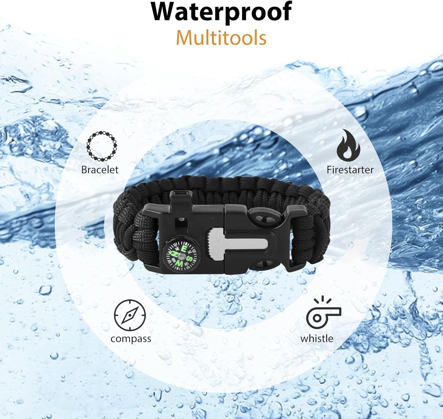 Bracelets,Survival Bracelets for Men Paracord Tactical 5-in-1 Camping Gear Kits,with 12-ft Detachable Parachute Rope,Fire Starter,Embedded Compass,Whistle&Emergency Multitools