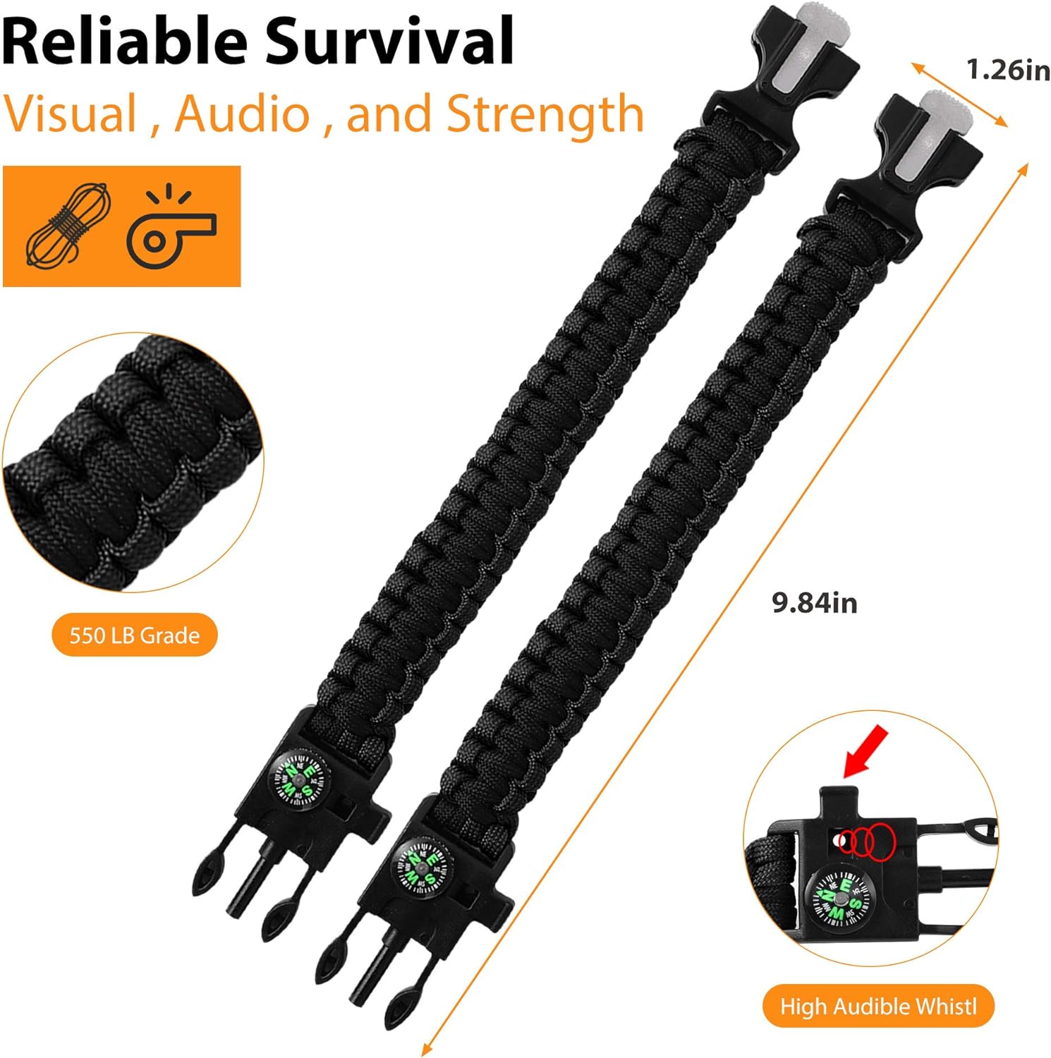 Bracelets,Survival Bracelets for Men Paracord Tactical 5-in-1 Camping Gear Kits,with 12-ft Detachable Parachute Rope,Fire Starter,Embedded Compass,Whistle&Emergency Multitools