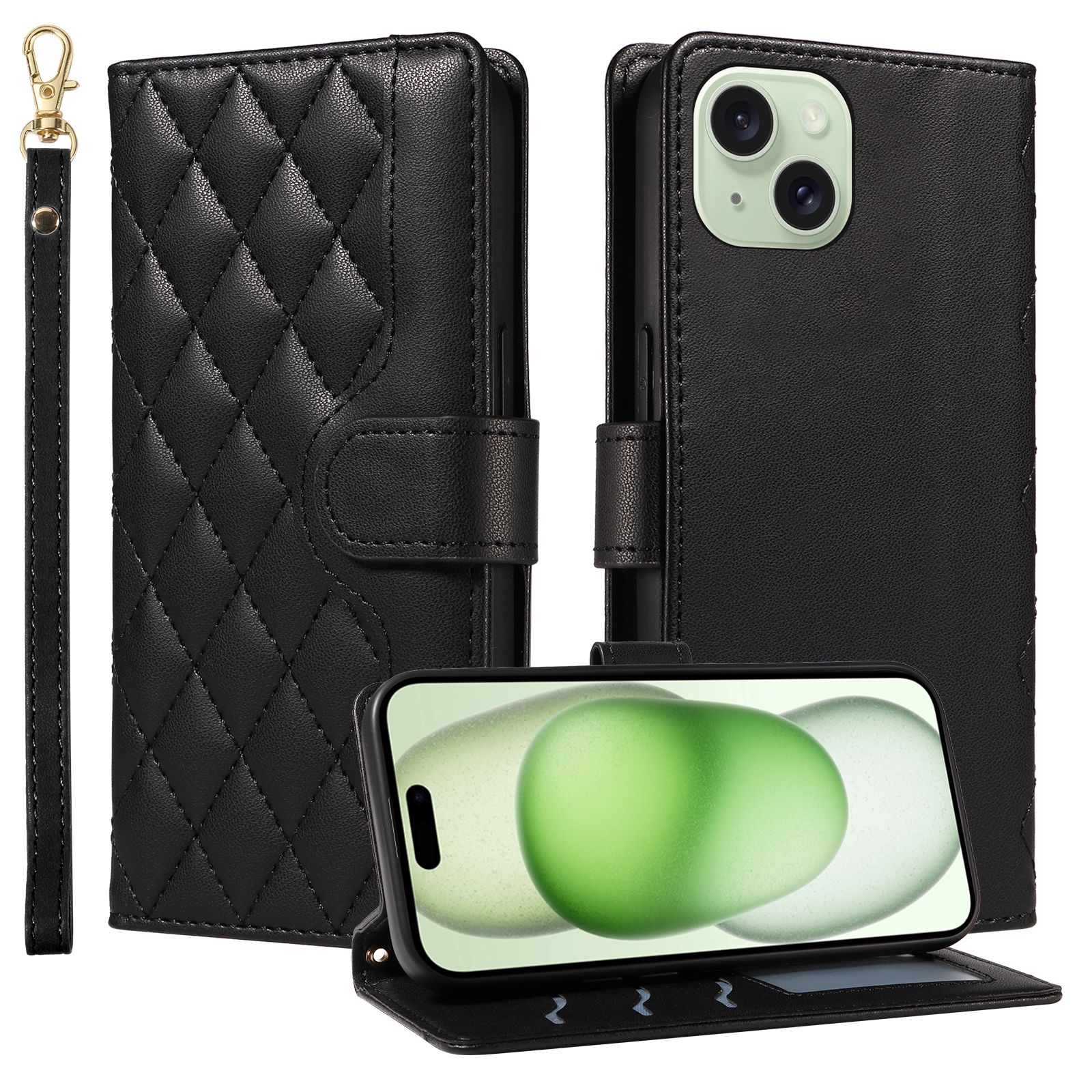 Leather Case For iPhone 15 Plus Lanyard Silicone Protective Case Flip Leather Case