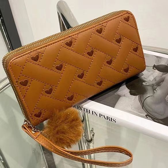Ladies Wallet Embroidery Fashion Long Zipper Large Capacity Clutch Women's Card Holder Phone Bag Heart Embroidery Line Clutch Long Solid Color Zipper Coin Purse Casual Fashion Multi-Layer Card Bag