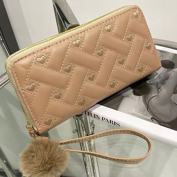 Ladies Wallet Embroidery Fashion Long Zipper Large Capacity Clutch Women's Card Holder Phone Bag Heart Embroidery Line Clutch Long Solid Color Zipper Coin Purse Casual Fashion Multi-Layer Card Bag
