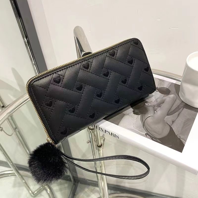 Ladies Wallet Embroidery Fashion Long Zipper Large Capacity Clutch Women's Card Holder Phone Bag Heart Embroidery Line Clutch Long Solid Color Zipper Coin Purse Casual Fashion Multi-Layer Card Bag