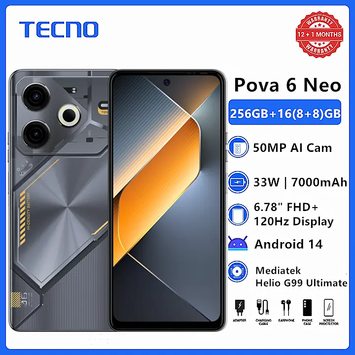 [Limited-time Deal] Tecno Pova 6 Neo 6.78" FHD+ 120Hz Game Phone 256GB+16(8+8)GB RAM MTK Helio G99 Ultimate 33W 7000mAh 50MP Dual Speaker Android 14 Dual Sim Smart Phones