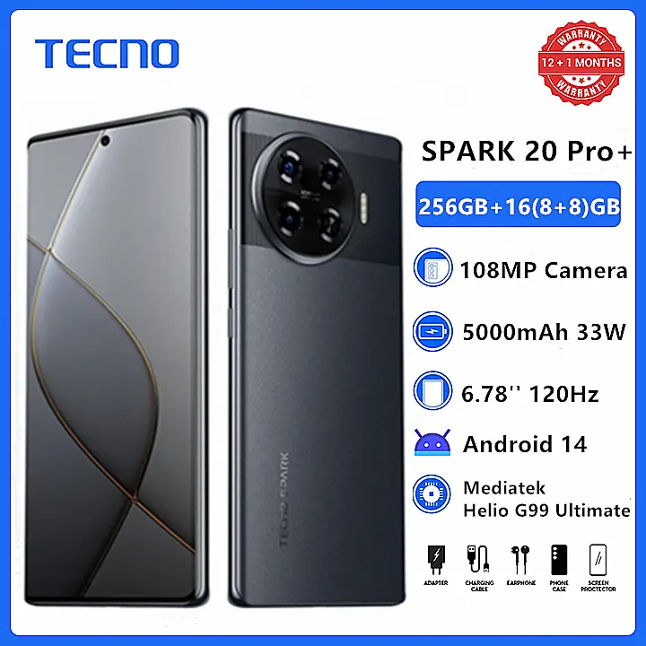 Tecno Spark 20 Pro + 6.78" 120Hz Curved AMOLED 256GB + 16(8+8)GB RAM Helio G99 Ultimate 108MP Dual Speaker 33W 5000mAh Dual Sim Smart Phones Spark 20 Pro Plus Android 14 phone