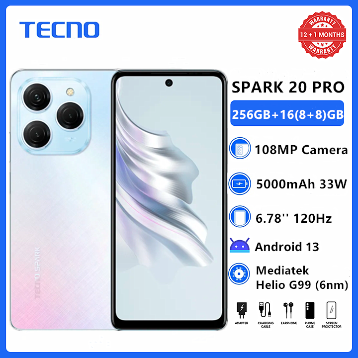 TECNO SPARK 20 PRO 256GB+16(8+8)GB RAM 108MP Triple Camera 120Hz 6.78" Mediatek Helio G99 Dual Speakers Android 13 5000mAh 33W Smart Phones phone