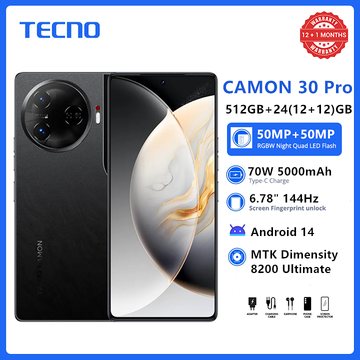 New Arrival Tecno Camon 30 Pro 5G 6.78" 144Hz AMOLED 512GB+24(12+12)GB RAM MTK 8200 Ultimate 70W 5000mAh 50MP Dual Speaker Android 14 Dual Sim Smart Phones phone