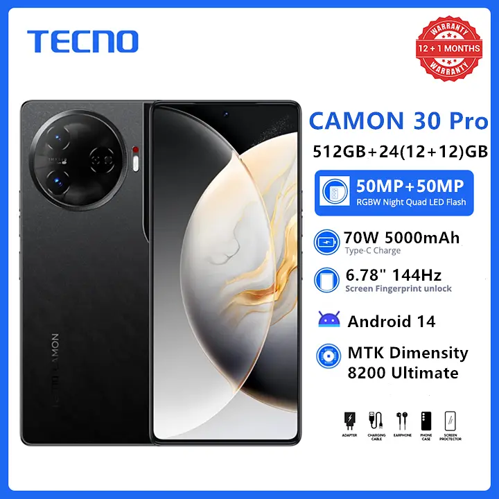 New Arrival Tecno Camon 30 Pro 5G 6.78" 144Hz AMOLED 512GB+24(12+12)GB RAM MTK 8200 Ultimate 70W 5000mAh 50MP Dual Speaker Android 14 Dual Sim Smart Phones phone