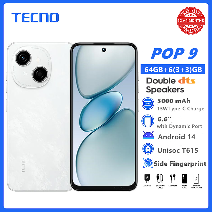 New Arrival TECNO POP 9 64GB + 6(3+3)GB 4.5G Fast Network 6.6" 120Hz Hole Screen Dual Speakers IP54 Waterproof 13MP 5000mAh Type-C Android 14 Dual SIM Smart Phones Side Fingerprint Unlock phone