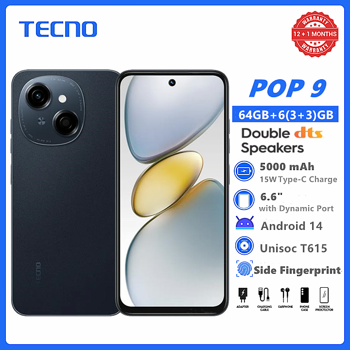 New Arrival TECNO POP 9 64GB + 6(3+3)GB 4.5G Fast Network 6.6" 120Hz Hole Screen Dual Speakers IP54 Waterproof 13MP 5000mAh Type-C Android 14 Dual SIM Smart Phones Side Fingerprint Unlock phone