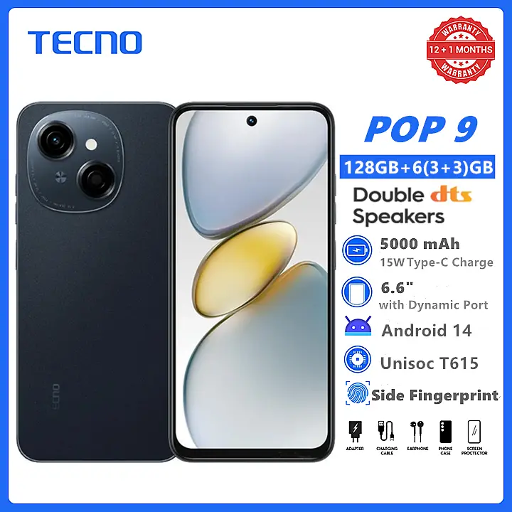 TECNO POP 9 128GB + 6(3+3)GB 4.5G Fast Network 6.6" 120Hz Dual Speakers IP54 Waterproof 13MP 5000mAh Type-C Android 14 Dual SIM Smart Phones Side Fingerprint phone