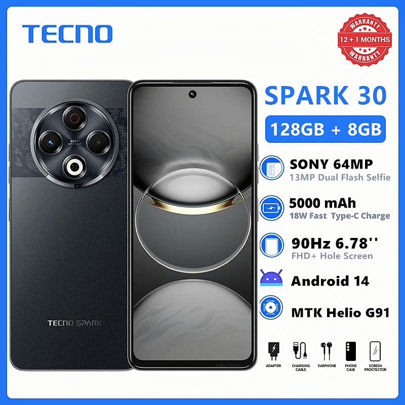 New Arrival TECNO SPARK 30 128GB +16(8+8)GB RAM 90Hz 6.78" MTK Helio G91 64MP+13MP Dual Speakers Android 14 5000mAh Smart Phones 4G-Dual SIM Side Fingerprint Stellar Shadow,128GB+16(8+8)GB