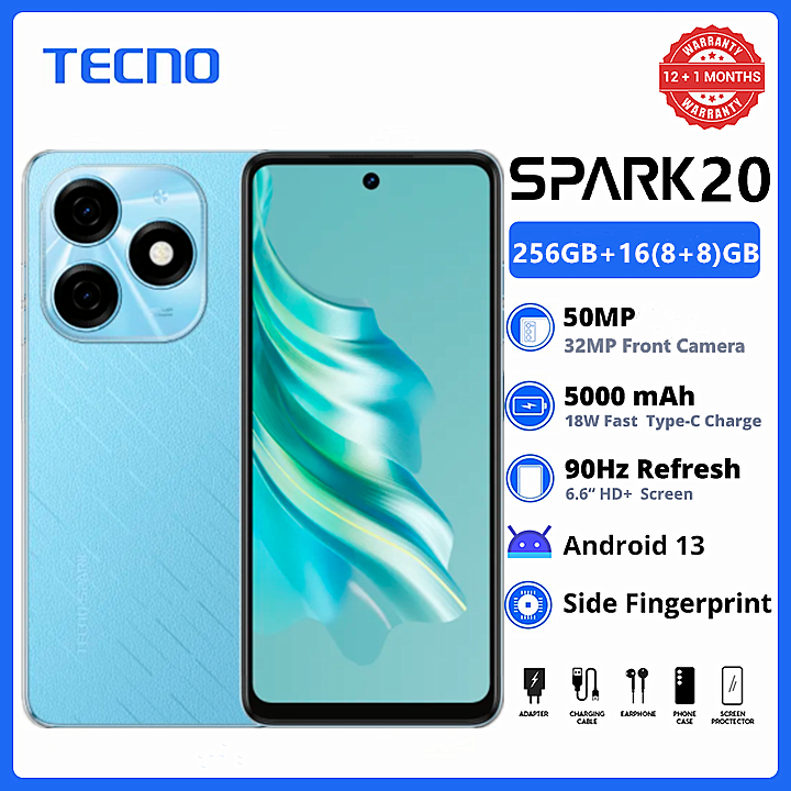 Brand New TECNO SPARK 20 256GB +16(8+8)GB RAM 90Hz 6.6" G85 Gaming Processor 50MP+32MP Dual Speakers Android 13 5000mAh 18W Smart Phones phone