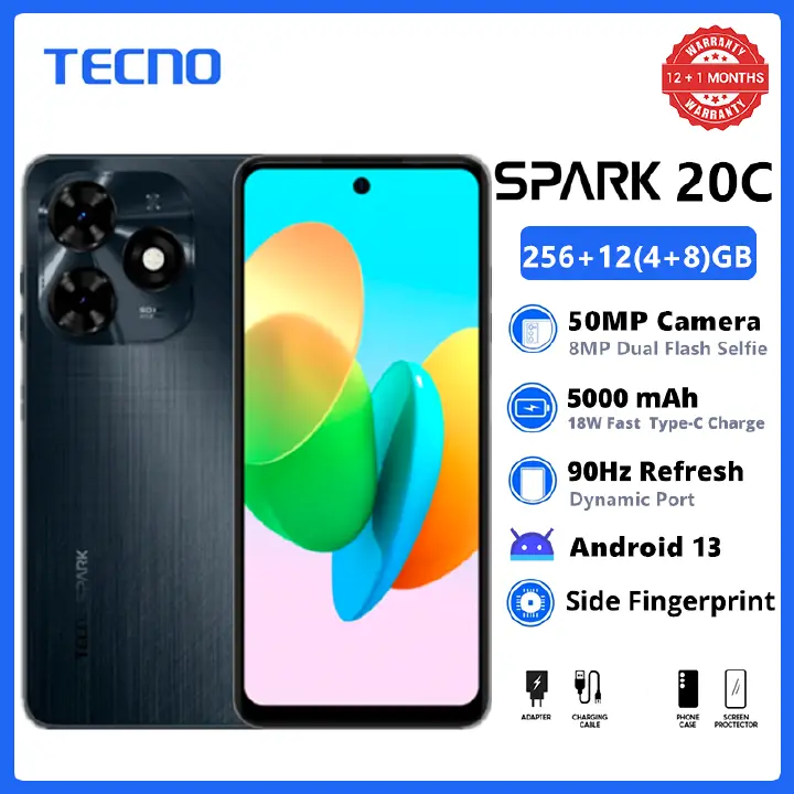 [Xmas Sale] TECNO SPARK 20C 256GB +12(4+8)GB Large Storage 90Hz 6.6" Dynamic Port 50MP Stereo Dual Speakers 5000mAh 18W Type-C Dual SIM 4G Smart Phones Side Fingerprint phone