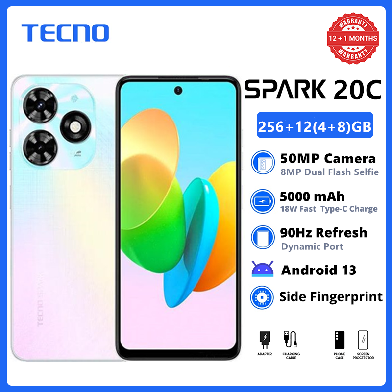 [Xmas Sale] TECNO SPARK 20C 256GB +12(4+8)GB Large Storage 90Hz 6.6" Dynamic Port 50MP Stereo Dual Speakers 5000mAh 18W Type-C Dual SIM 4G Smart Phones Side Fingerprint phone
