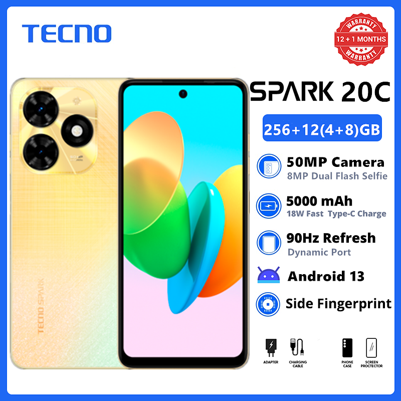 [Xmas Sale] TECNO SPARK 20C 256GB +12(4+8)GB Large Storage 90Hz 6.6" Dynamic Port 50MP Stereo Dual Speakers 5000mAh 18W Type-C Dual SIM 4G Smart Phones Side Fingerprint phone