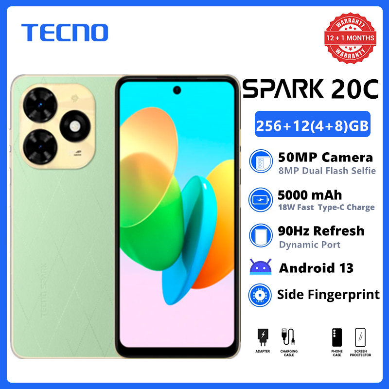 [Xmas Sale] TECNO SPARK 20C 256GB +12(4+8)GB Large Storage 90Hz 6.6" Dynamic Port 50MP Stereo Dual Speakers 5000mAh 18W Type-C Dual SIM 4G Smart Phones Side Fingerprint phone