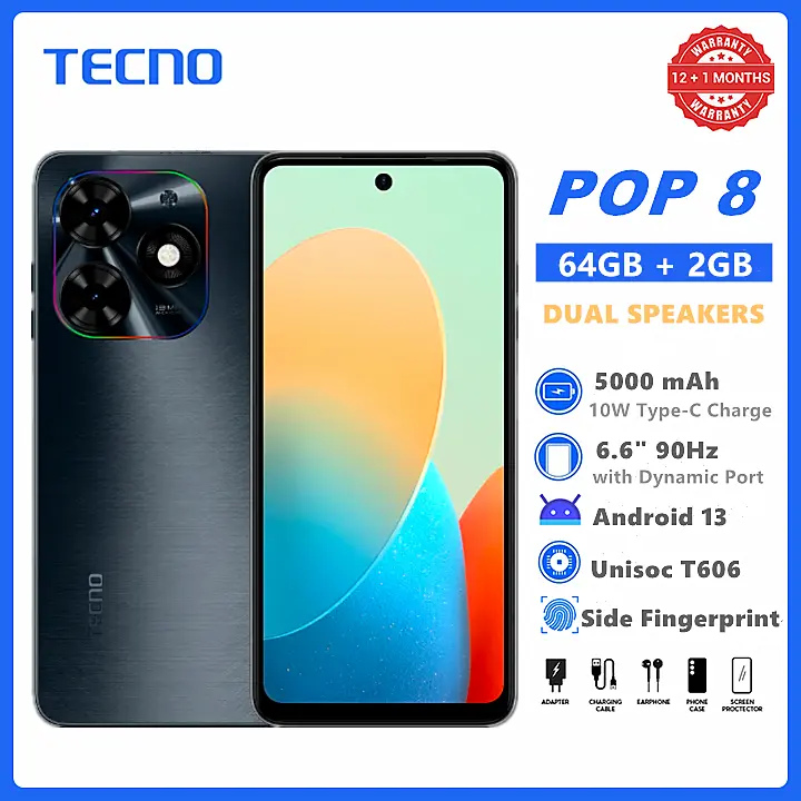 Brand New TECNO POP 8 128GB + 8(4+4)GB 6.6" 90Hz Hole Screen Dynamic Port Stereo Dual Speakers 13MP 5000mAh Type-C Android 13 Dual SIM Smart Phones Side Fingerprint Unlock phone