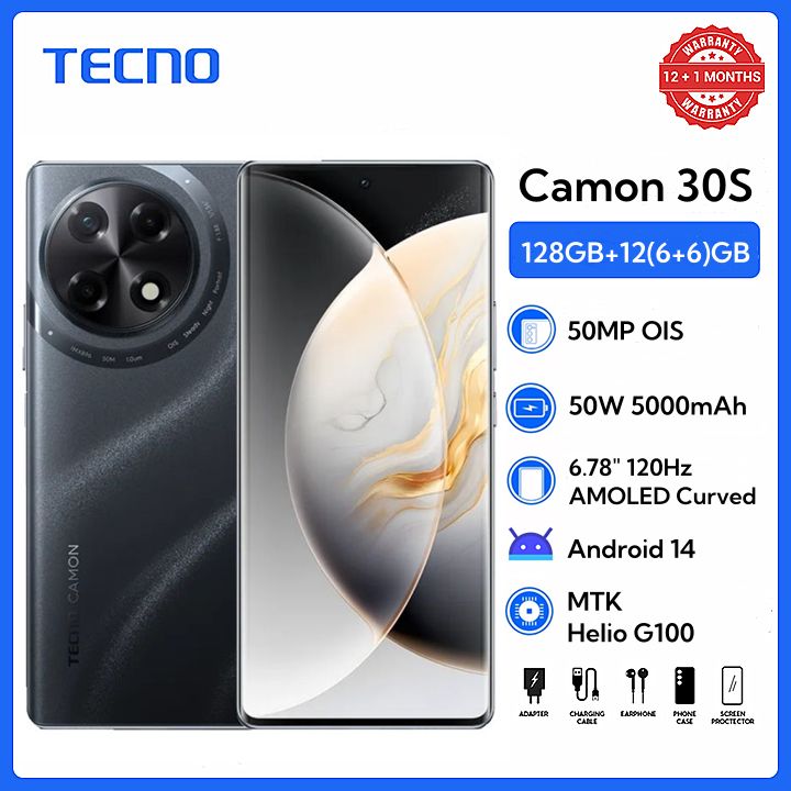 Tecno Camon 30S 128GB+12(6+6)GB RAM 6.7" 3D-Curved AMOLED 120Hz Screen MTK Helio G100 33W 5000mAh 50MP Dual Speaker Android 14 Smart Phones Dual Sim phone