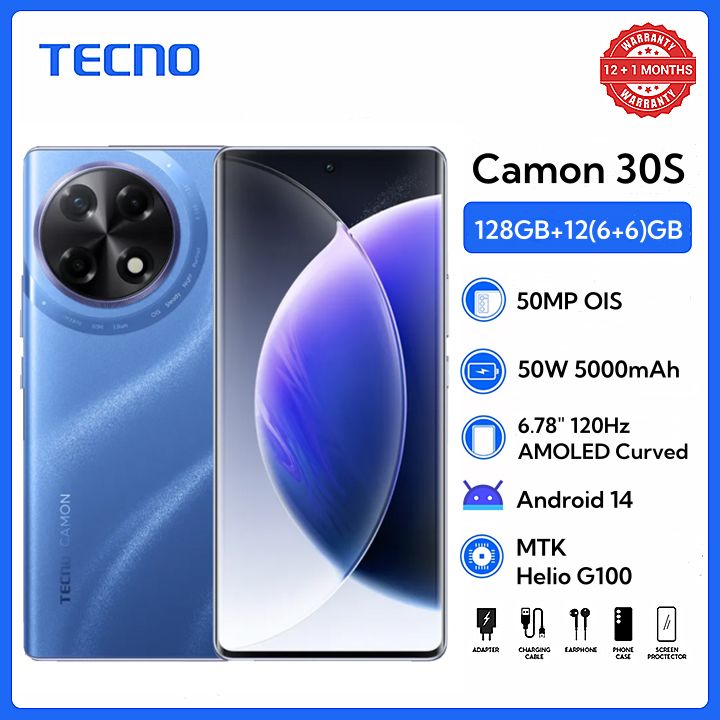 Tecno Camon 30S 128GB+12(6+6)GB RAM 6.7" 3D-Curved AMOLED 120Hz Screen MTK Helio G100 33W 5000mAh 50MP Dual Speaker Android 14 Smart Phones Dual Sim phone