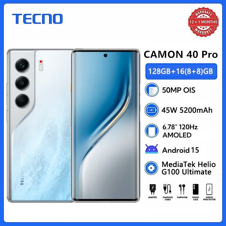 Tecno Camon 40 Pro 256GB+16(8+8)GB RAM 6.78" 120Hz Curved AMOLED MTK Helio G100 Ultimate 45W 5200mAh 50MP Dual Speaker Android 15 IP68/IP69 Dust Water Resistance Dual Sim Smart Phones phone