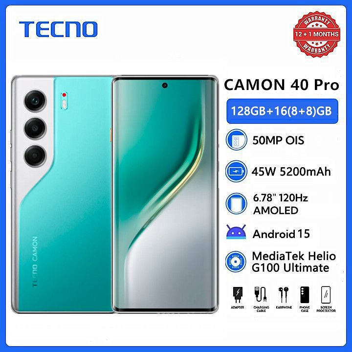 Tecno Camon 40 Pro 256GB+16(8+8)GB RAM 6.78" 120Hz Curved AMOLED MTK Helio G100 Ultimate 45W 5200mAh 50MP Dual Speaker Android 15 IP68/IP69 Dust Water Resistance Dual Sim Smart Phones phone