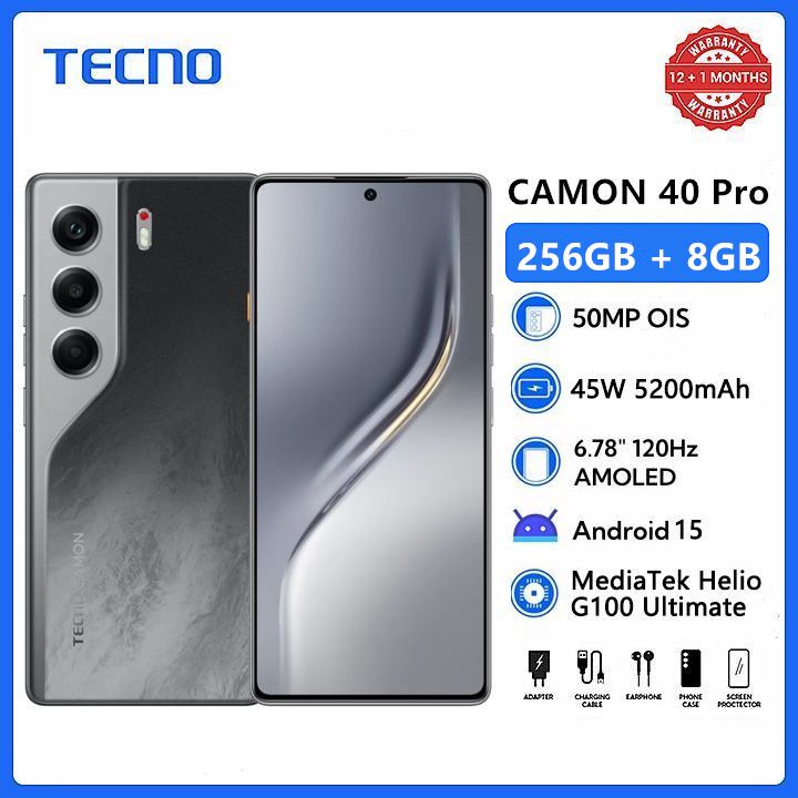 Tecno Camon 40  256GB+16(8+8)GB RAM 6.78" 120Hz Curved AMOLED MTK Helio G100 Ultimate 45W 5200mAh 50MP Dual Speaker Android 15 IP68/IP69 Dust Water Resistance Dual Sim Smart Phones phone