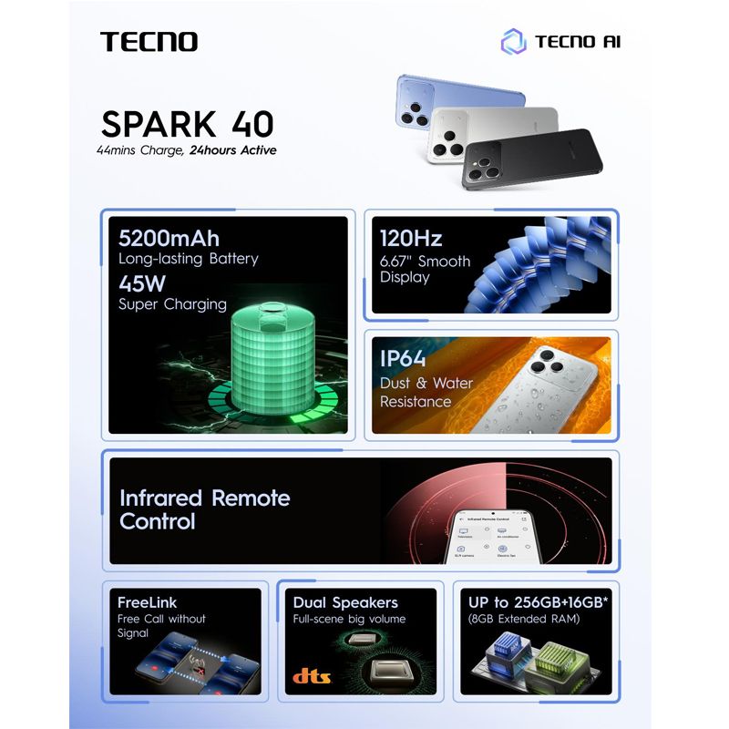[New Arrials] TECNO SPARK 40 128GB +8(4+4)GB 6.67" 120Hz Phone Dynamic Port 50MP Dual Speaker 5200mAh 45W Type-C Dual SIM 4G Side Fingerprint IP64 Smart Phones
