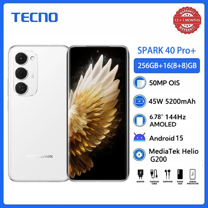 [New Arrials] TECNO SPARK 40 Pro+ 256GB +16(8+8)GB 6.78" 120Hz Phone Dynamic Port 50MP Stereo Speaker 5200mAh 45W Type-C Dual SIM 4G Under Display Fingerprint SPARK 40 Pro Plus IP64 Smart Phones