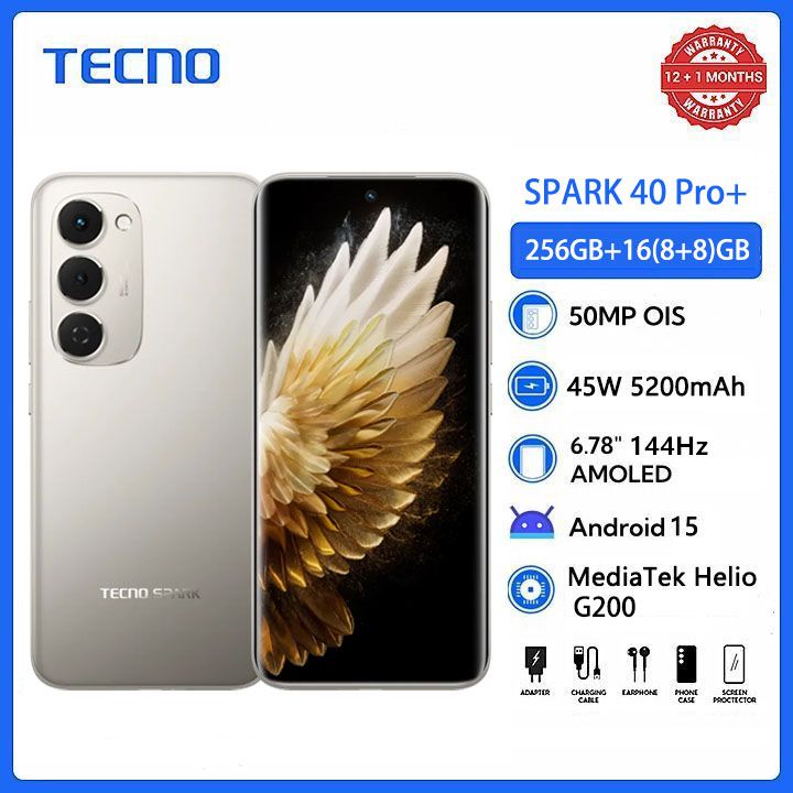 [New Arrials] TECNO SPARK 40 Pro+ 256GB +16(8+8)GB 6.78" 120Hz Phone Dynamic Port 50MP Stereo Speaker 5200mAh 45W Type-C Dual SIM 4G Under Display Fingerprint SPARK 40 Pro Plus IP64 Smart Phones