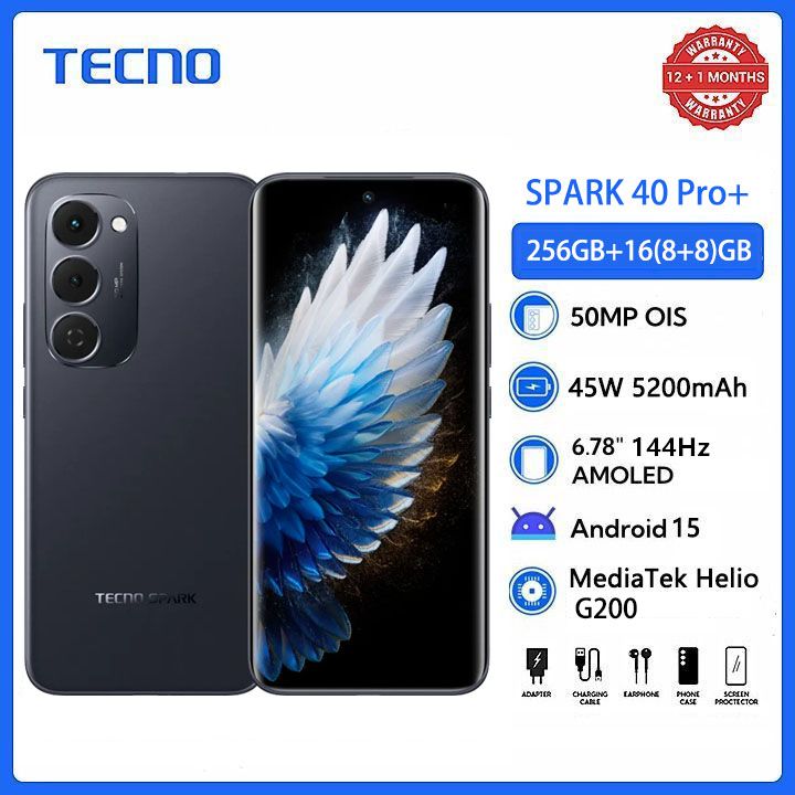 [New Arrials] TECNO SPARK 40 Pro+ 256GB +16(8+8)GB 6.78" 120Hz Phone Dynamic Port 50MP Stereo Speaker 5200mAh 45W Type-C Dual SIM 4G Under Display Fingerprint SPARK 40 Pro Plus IP64 Smart Phones