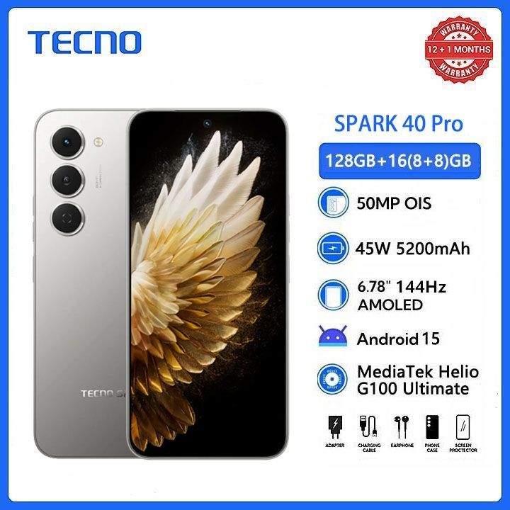 [New Arrials] TECNO SPARK 40 pro 128GB +16(8+8)GB 6.67" 120Hz Phone Dynamic Port 50MP Dual Speaker 5200mAh 45W Type-C Dual SIM 4G Side Fingerprint IP64 Smart Phones
