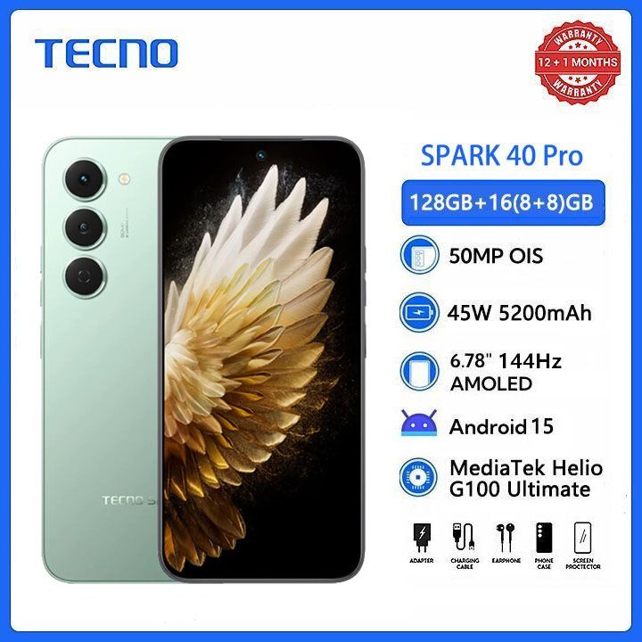 [New Arrials] TECNO SPARK 40 pro 128GB +16(8+8)GB 6.67" 120Hz Phone Dynamic Port 50MP Dual Speaker 5200mAh 45W Type-C Dual SIM 4G Side Fingerprint IP64 Smart Phones